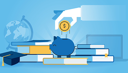 College savings illustration of a hand dropping a coin into a piggy bank surrounded by books and a mortar board graduation cap